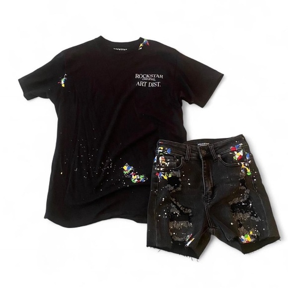 Rockstar Original Art Dist black and multicolored tee and shorts set - Picture 1 of 1